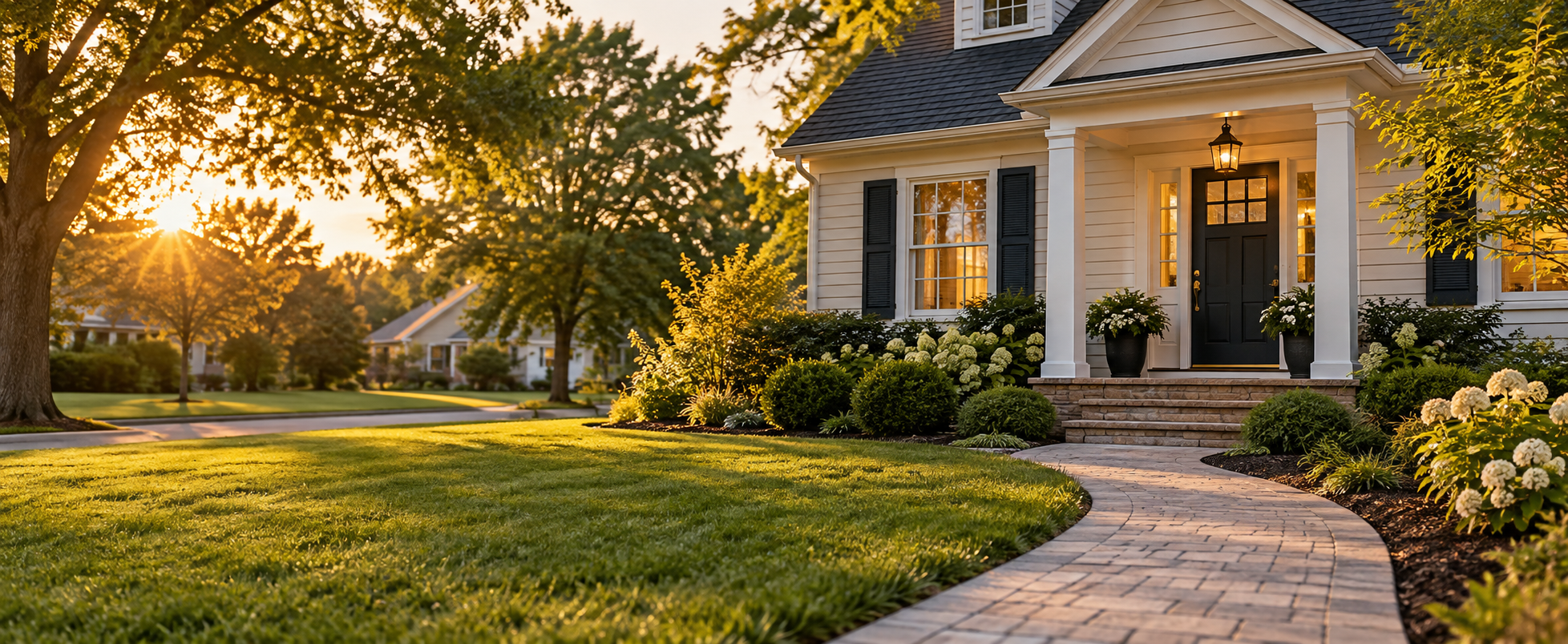 A welcoming home at the end of a curved front walkway